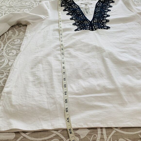 Preston & York Tunic Women 10 White Navy  Linen Embroidery Beach Vacation NWT - Picture 6 of 8